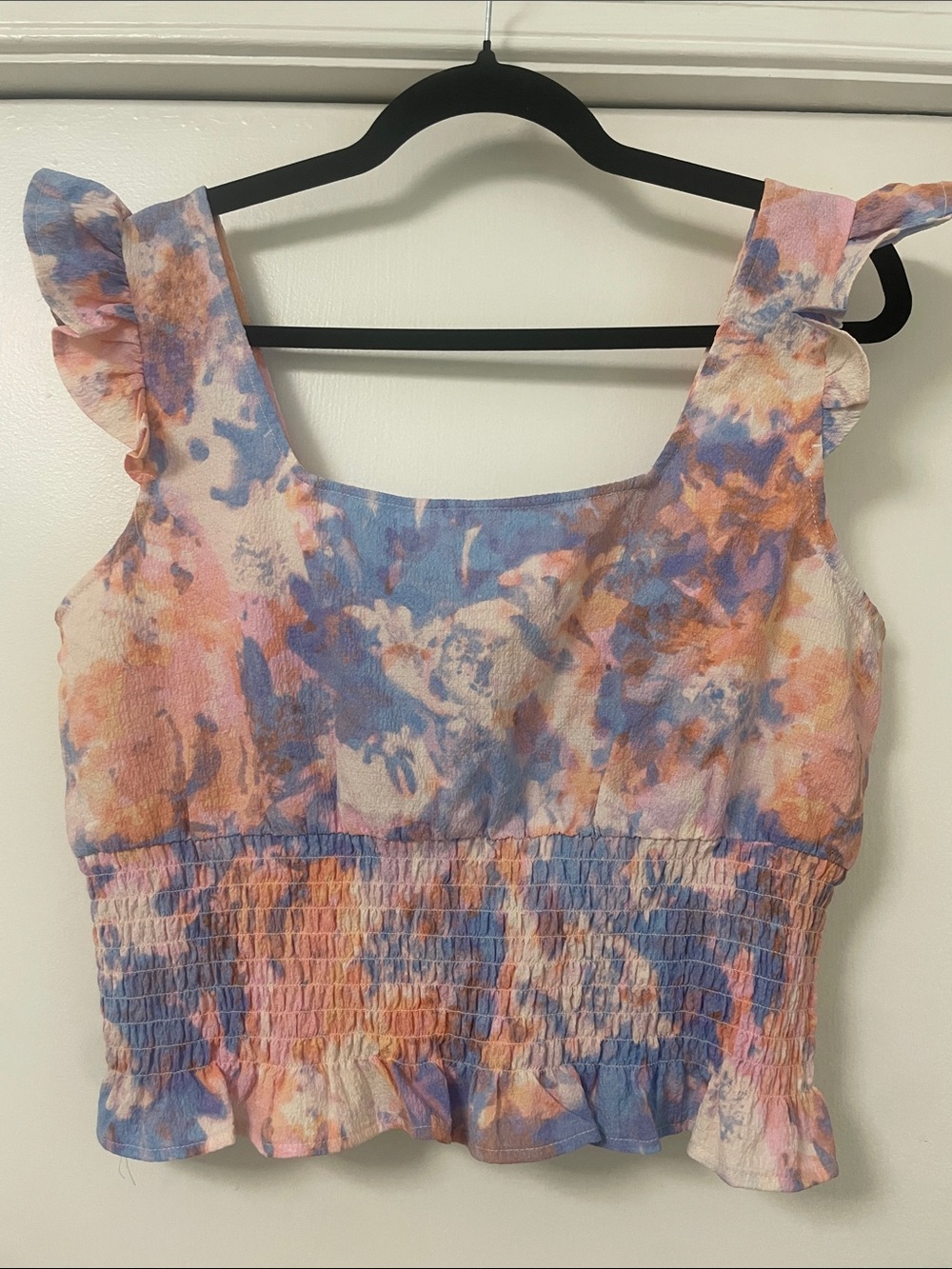 BCBGeneration Pink & Blue Floral Smocked Ruffle Crop Top